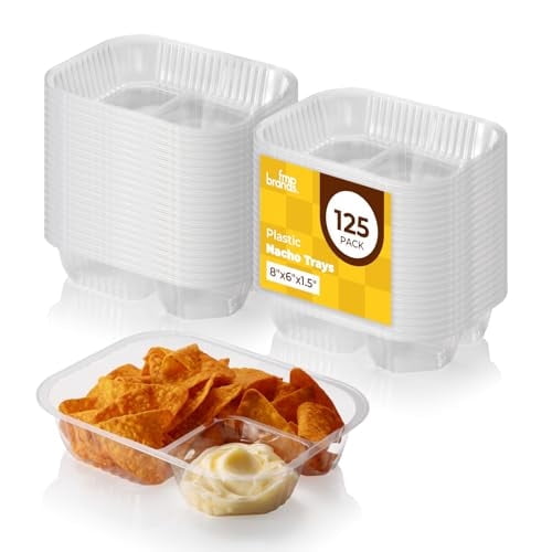 Fit Meal Prep 125 Pack 22 oz Plastic Nacho Trays, 2 Compartment Disposable Chip and Dip Holder, 8" x 6" Clear Nacho Containers, Ideal for Party Festival Carnival Concession Stand Movie Night Supplies