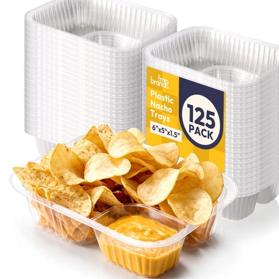 Fit Meal Prep 125 Pack 12 oz Plastic Nacho Trays, 2 Compartment Disposable Chip and Dip Holder, 6" x 5" Clear Nacho Containers, Ideal for Party Festival Carnival Concession Stand Movie Night Supplies