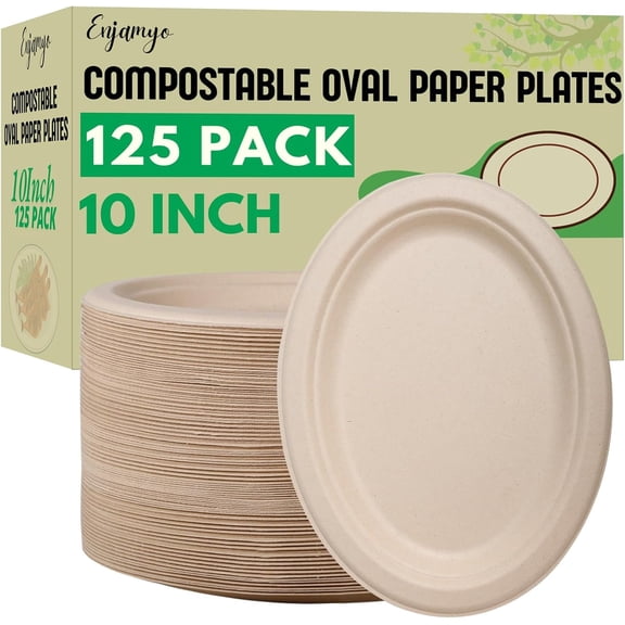 125 Pack Oval Paper Plates,10 Inch Disposable Paper Plates,Super Strong Oval Paper Dinner Plates,Compostable Biodegradable Sugarcane Plates for BBQ,Party,Picnic(Brown)
