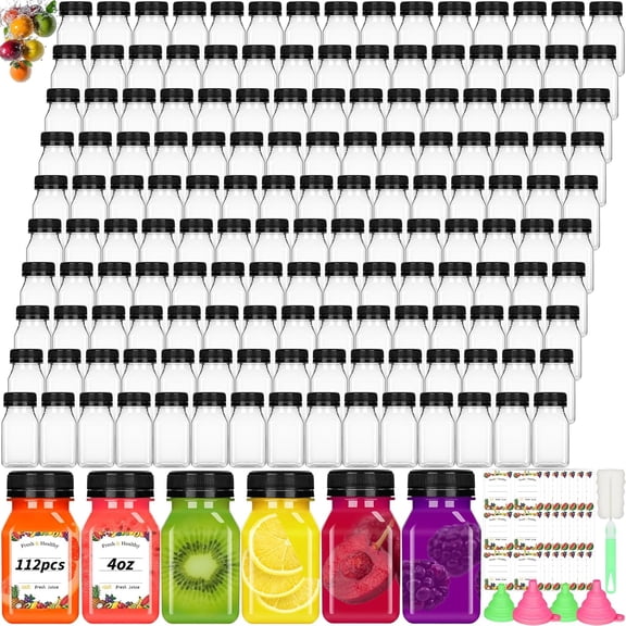 125 Pcs 4 Oz Square Clear Plastic Juice Bottles with Black Caps Tamper Proof Lids Reusable Travel Bottles with Funnels and Labels