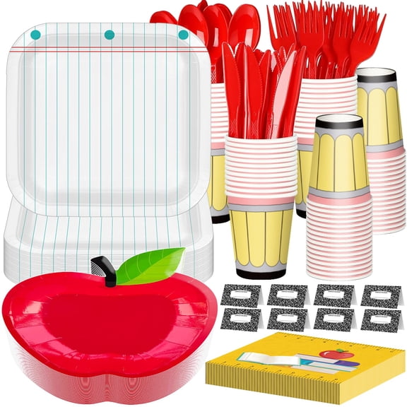 125 Pcs Back to School Tableware AFN1Set Apple Notebook Paper Yellow Paper Cups Book Napkins Tent Cards for 25 Guests Kindergarten First Day of School Graduation Party Dinnerware Supplies