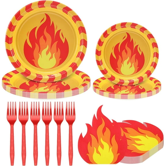 125 Pcs Fire Party Supplies Decoration Include 50 9 and 7 Inches Fire Paper Plates 50 Disposable Flame Cocktail Napkins 25 Red Plastic Forks for Firefighter Fireman Party Tableware Supplies