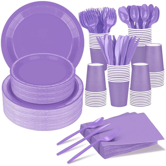 125 Pcs Purple Party Supplies Set Include Paper Plates Cups Napkins Plastic Knives for 25 Guests Disposable Party Dinnerware for Birthday Wedding Family Picnic