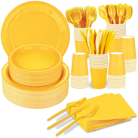 125 Pcs Yellow Party Supplies Set Include Paper Plates Cups Napkins Plastic Knives for 25 Guests Disposable Party Dinnerware for Birthday Wedding Family Picnic