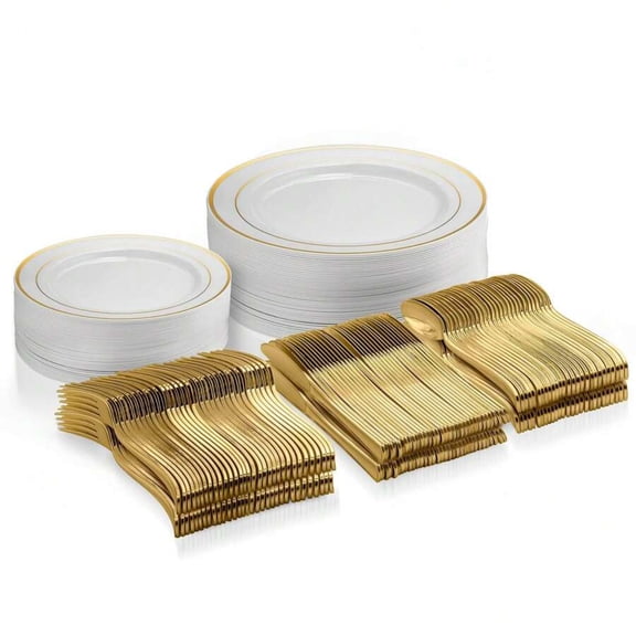 125-Piece Gold Party Dinnerware Set - 25-Person Disposable Plastic Tableware with Gold Rim (25 Dinner Plates+25 Dessert Plates+25 Knives+25 Forks+25 Spoons) for Weddings & Birthdays