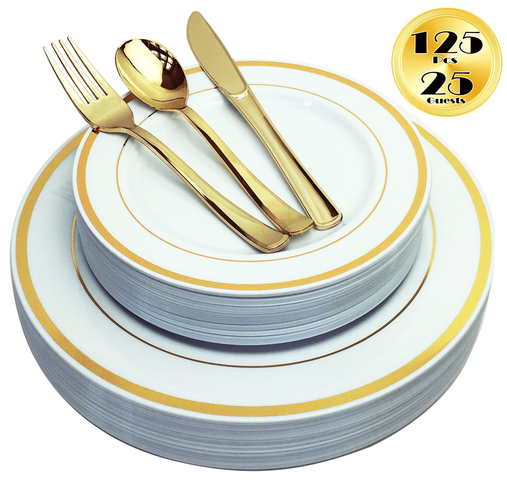 JL PRIME 125 Piece Gold Plastic Plates & Cutlery Set - Reusable & Recyclable - Gold Rim Plates & Silverware for Weddings, Anniversaries, Parties, Showers- Dinner Plates, Salad Plates, Utensils, 25 Each