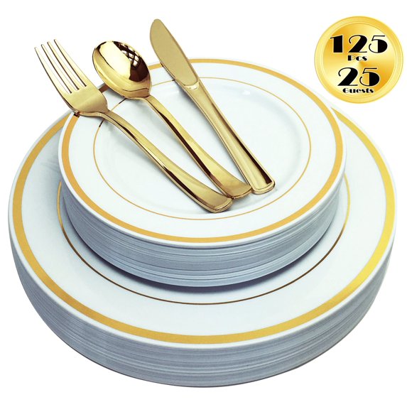 125 Piece Gold Plastic Plates & Cutlery Set - Reusable & Recyclable - Gold Rim Plates & Silverware for Weddings, Anniversaries, Parties, Showers- Dinner Plates, Salad Plates, Utensils, 25 Each