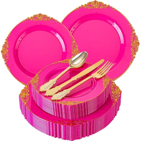 125-Piece Hot Pink Plastic Party Plates Set with Gold Rim  Includes Dinner Plates, Dessert Plates, Forks, Knives, and Spoons