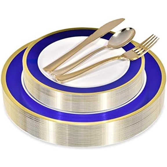 125-Piece White, Blue, and Gold Fancy Plastic Plates Disposable with Silverware, Elegant Dinnerware for Weddings, Holiday Party China, Set of 25 Dinner + Salad Plates, 25 Spoons, 25 Forks, 25 Knives