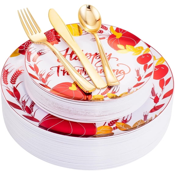 125 Pieces Thanksgiving Plates Dinnerware - Gold Plastic Silverware and Thanksgiving Plates Pumpkins Include 25Dinner Plates 25Salad Plates 25Forks 25Knives 25Spoons
