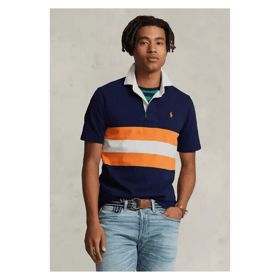 $125 Polo Ralph Lauren Mens Classic Fit Striped Jersey Rugby Shirt,Navy Multi,Lg