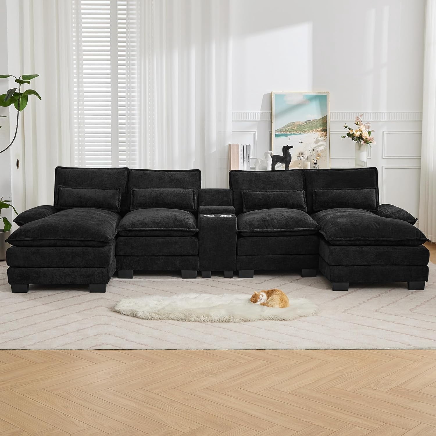 125'' U Shaped Cloud Modular Sectional Sofa with Chaise Lounges, Chenille Upholstered Comfy Couch with Storage Console, USB Charging Ports & Cup Holders, Modern Deep Seat Sofa for Living Room, Black