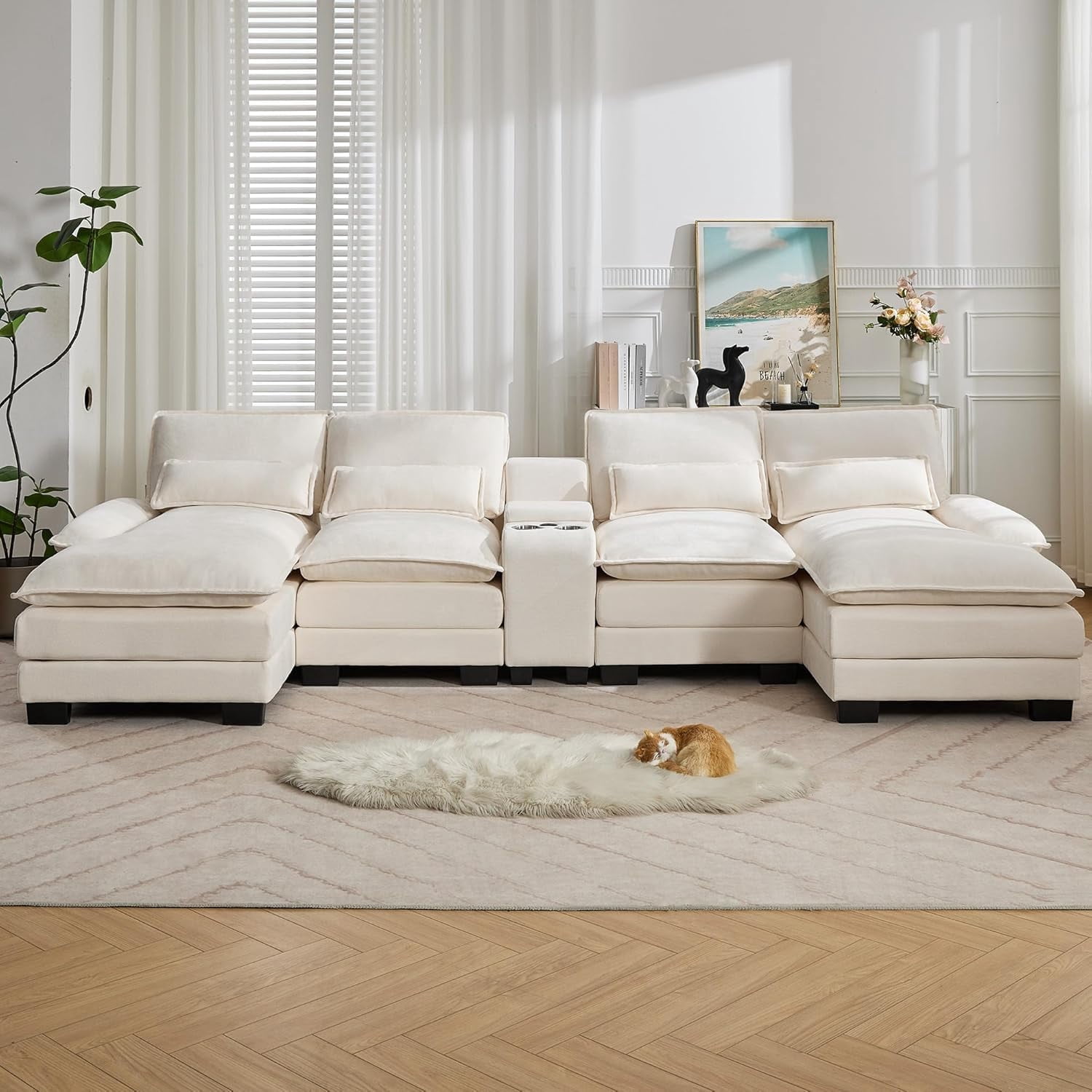 125'' U Shaped Cloud Modular Sectional Sofa with Chaise Lounges, Chenille Upholstered Comfy Couch with Storage Console, USB Charging Ports & Cup Holders, Modern Deep Seat Sofa for Living Room, Beige