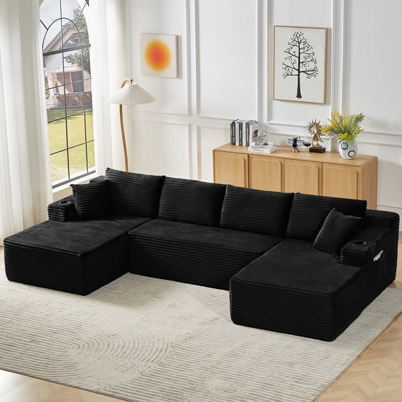 Vanress 133 Inch U-Shaped Modular Cloud Couch Sectional Sofa, Upholstered Deep Seat Sofas Couches with Storage & Cupholders, Modern Corduroy Boneless Couch for Living Room, No Assembly, Black