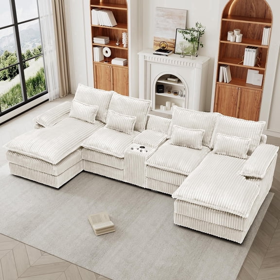 HJYT-H&K 125" U-Shaped Sectional Couch, Oversized Sectional Couches for Living Room, Corduroy Modular Cloud Sofa with USB, Storage & Cup Holder, Beige