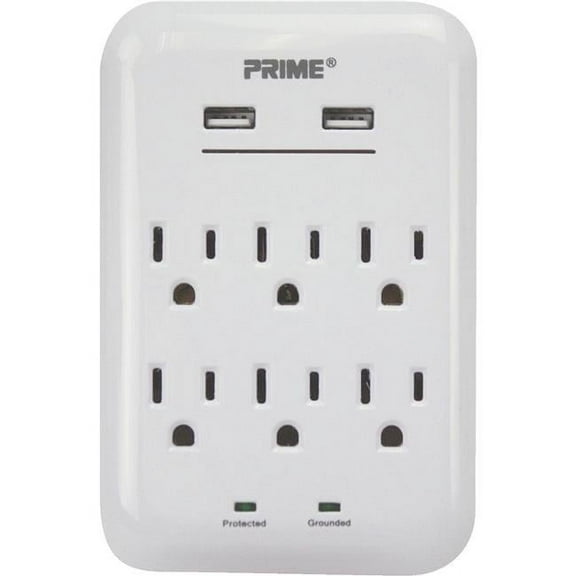 125 V 6-Outlet & 3.4A 2-USB Charger with Surge Protection, White