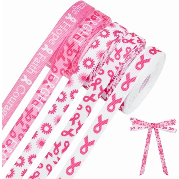 125 Yards Breast Cancer Awareness Ribbon 5 Styles White Pink Ribbons 3/8 inch Grosgrain Ribbon Craft Fabric Trim
