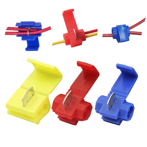125 no-solder quick connect snap-in wire connectors, 50 red 22 to 18 AWG wire gauge, 50 blue 16 to 14 AWG wire gauge, 25 yellow 12 to 10 AWG wire gauge (125)