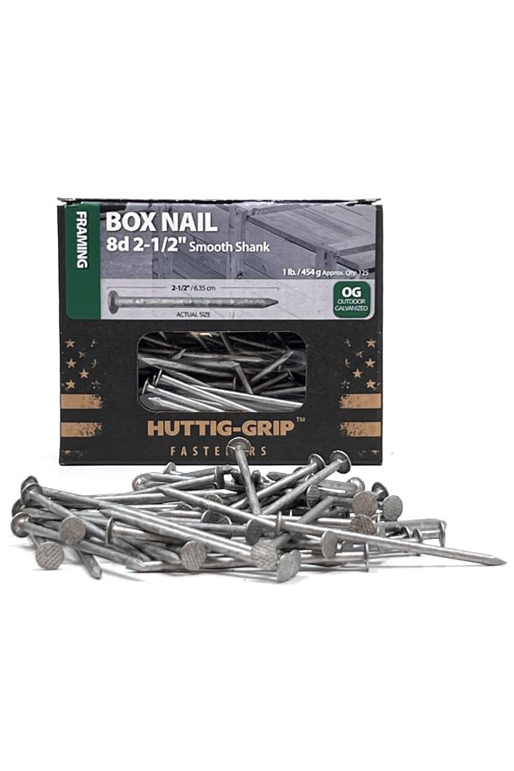 125 pcs Huttig-Grip 2-1/2 in Framing Box Nails 8d, Outdoor Galvanized, 1 lb Pack