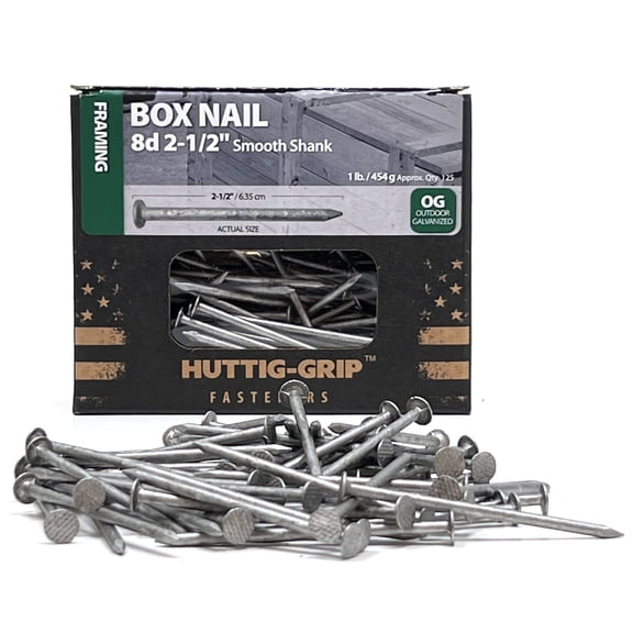 125 pcs Huttig-Grip 2-1/2 in Framing Box Nails 8d, Outdoor Galvanized, 1 lb Pack