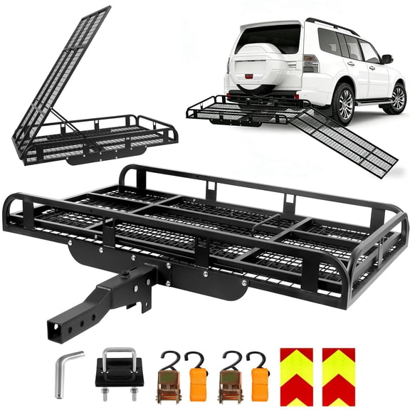 1250 LBS Trailer Hitch Cargo Carrier with Ramp, 55"x34"x9" Aluminum Hitch Cargo Carrier, Foldable Wheelchair Carrier for Car, Mobility Scooter Carrier with Hitch Tightener for Pickup SUV Van