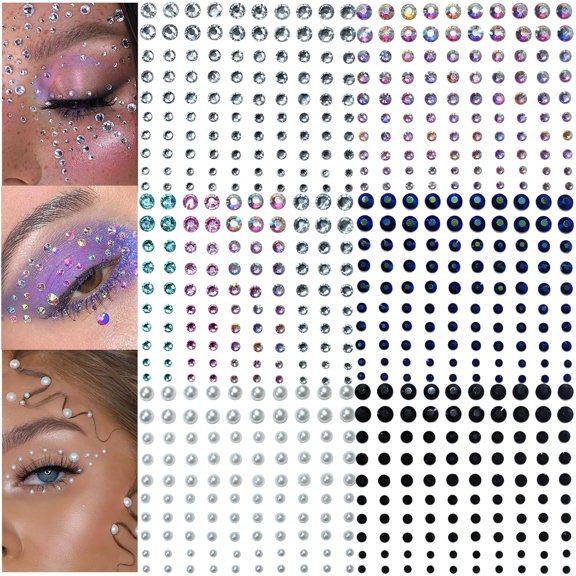 1250 Pcs Self Adhesive Rhinestones for Makeup Eyes 15 Colors Rainbow Rhinestones Face Jewels Face Gems Stick on, DIY Nail Makeup 3mm 4mm 5mm 6mm Rave Festival Accessories Costume for Women