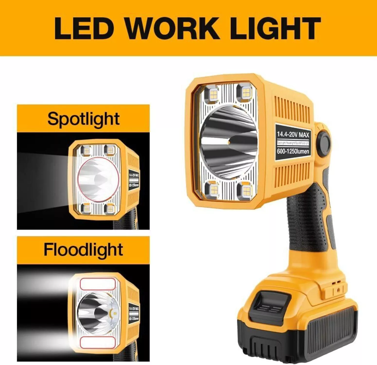 1250LM Flashlight for Dewalt 20V Battery Spotlight Jobsite Light LED Work Light