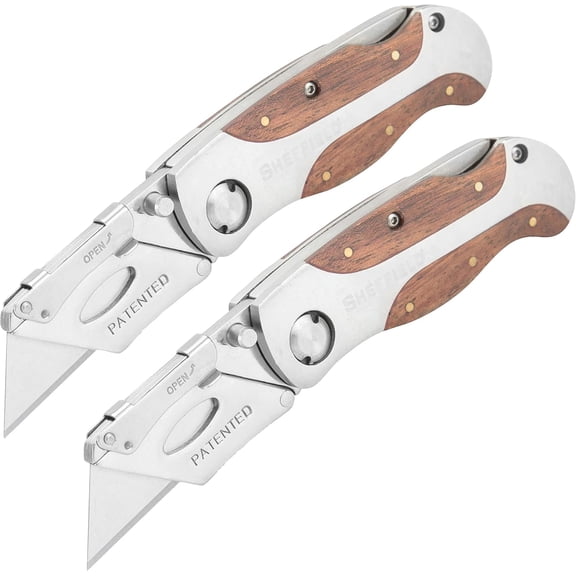 12525 Premium Lock Back Utility Knife 2 Pack, Stocking Stuffers, Gifts for Men, Dad Gifts, Box Cutter Knife, Carpet Knife, Drywall Cutter, Quick Change Blade, Aluminum and Wood Handle