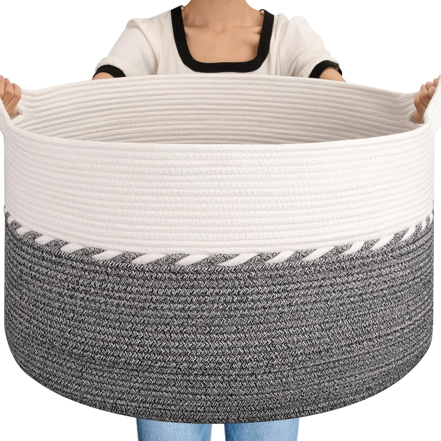 125L Extra Large Blanket Basket, 25" x 16", Jumbo Laundry Hamper, Cotton Rope Basket with Handles,Baby Toy Storage Bins,Black