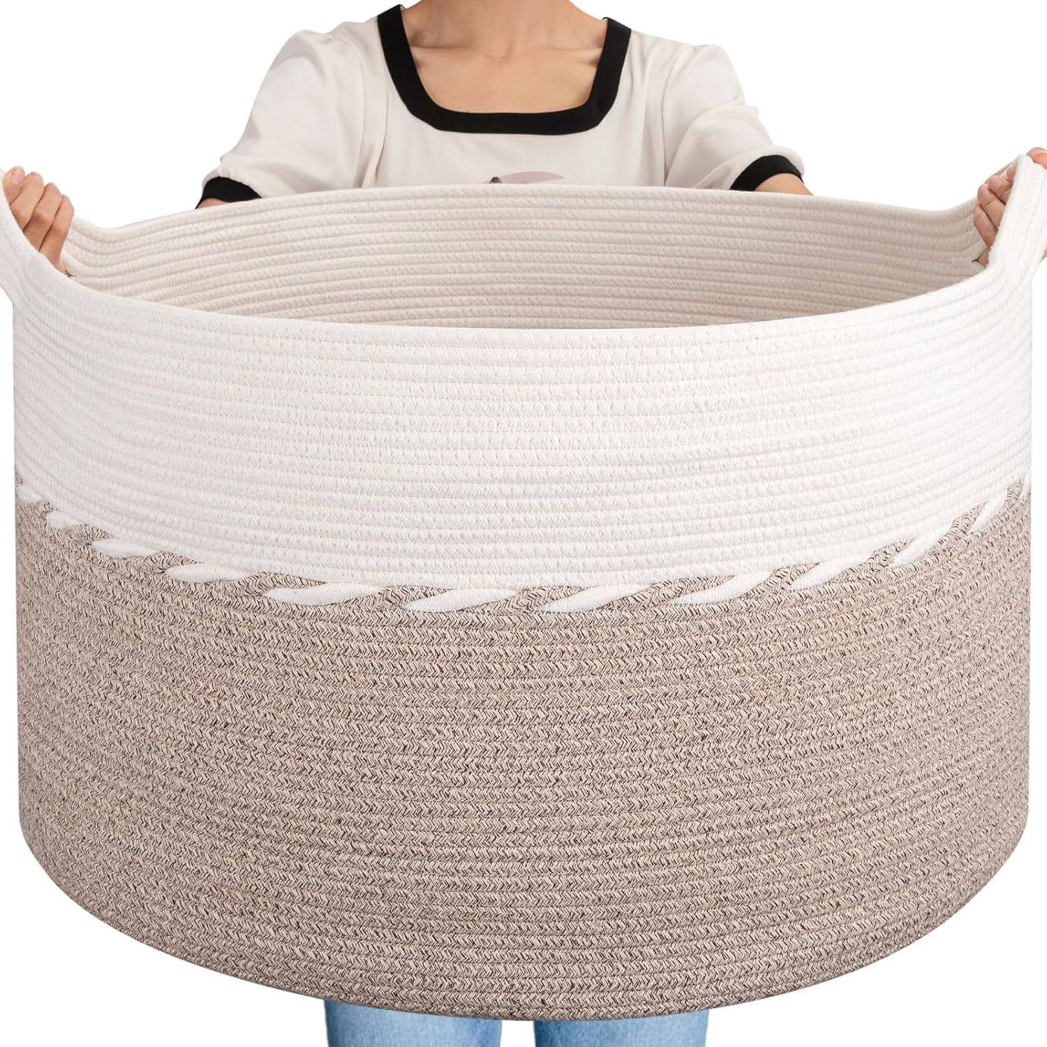 125L Extra Large Blanket Basket, 25" x 16", Jumbo Laundry Hamper, Cotton Rope Basket with Handles for Living Room,Baby Toy Storage Bins, Brown