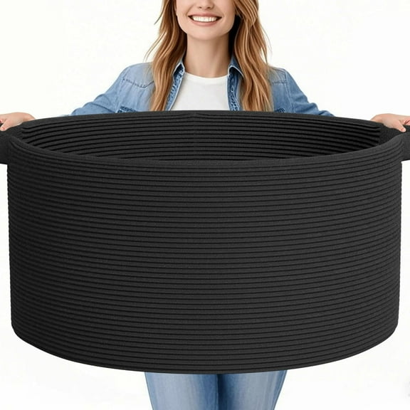 125L Extra Large Blanket Basket, 25" x 16", Jumbo Laundry Woven Baskets Decorative Home, Cotton Rope Basket with Handles, Baby Toy Baskets for Storage, Black