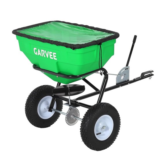 125LB Tow Behind Broadcast Spreader with 0–12 ft Coverage & 20 Level Adjustable Flow Gauge, Universal Tow Hitch, All Terrain Pneumatic Wheels, Anti Rust Hopper, Green