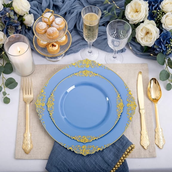 125PCS Blue and Gold Plastic Plates Set with Silverware for 25 Guests - Elegant Disposable Dinnerware for Party Wedding Spring