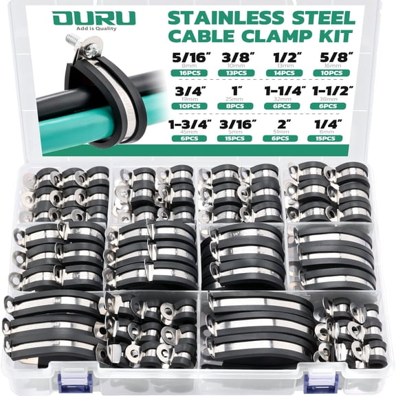 125PCS Cable Clamp,12 Sizes Stainless Steel Rubber Coated Cushioned Insulated Cable Clamps Assortment Kit-Metal Wire Clamps,Cable Clips,Pipe Clamps