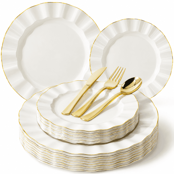 125PCS Disposable Scalloped Rim Dinnerware Set for 25 Guests
