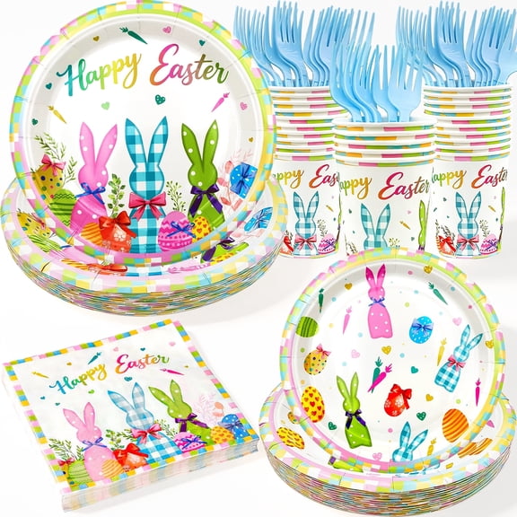 125Pcs Easter Paper Plates and Napkins Tableware Set Easter Party Supplies, Colorful Easter Bunny Pattern Disposable Dinnerware with Cups, Forks for Easter Spring Party Decorations (Serves 25 Guests)