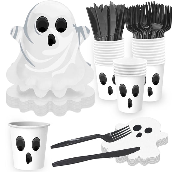 125PCS Halloween Ghost Paper Plates and Napkins Set, Serves 25 Guests- Ghost Print Paper Plates, Ghost Face Paper Cups, Ghost Shaped Napkins, Forks & Knives, Spooky Cute Halloween Party Supplies