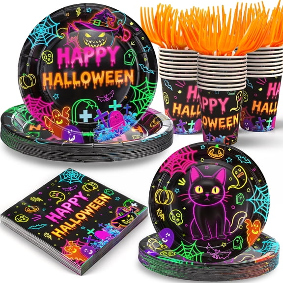 125Pcs Halloween Paper Plates and Napkins Set Halloween Party Supplies, Neon Happy Halloween & Black Cat Plates Napkins Cups Forks for Halloween Party Decorations Dinnerware (Serves 25 Guests)