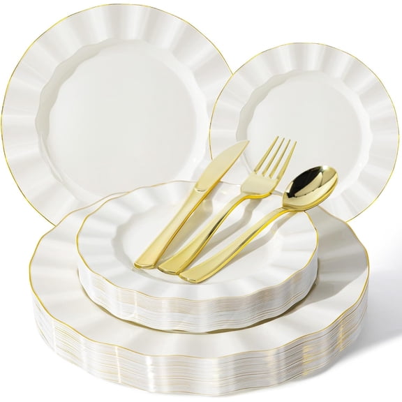 125PCS Ivory Plastic Plates Sets with Gold Rim, Gold Dinnerware Set for 25 Guests, 50 Disposable Dinner and Dessert Plates, 75 Silverwares for Party and Wedding