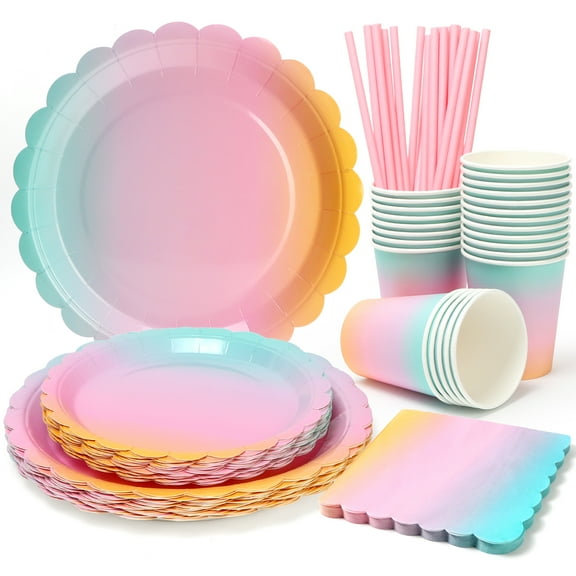 125PCS Party Plates and Cups and Napkins Sets, Iridescent Scalloped Pastel Paper Plates and Napkins Party Supplies for Birthday, Baby Shower Disposable Tableware Sets, Serve for 25 Guests