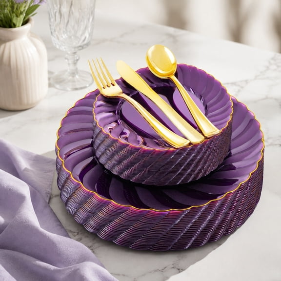 125PCS Purple Disposable Dinnerware Set with Gold & Clear Accents, Includes 50 Plates & 75 Silverware for Weddings, Birthdays & Parties
