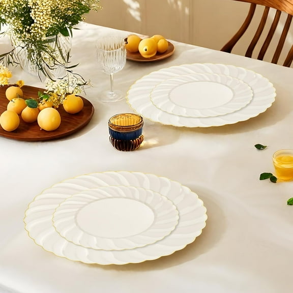 125PCS Scalloped Plastic Plates - Ivory Scalloped Disposable Plates - Gold Plastic Dinnerware Set Include 50 Plates, 75 Gold Silverware for Party & Wedding & Thanksgiving