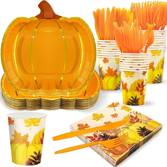 125Pcs Fall Thanksgiving Paper Plates and Napkins Pumpkin Plates Autumn Leaves Napkins Disposable Dinnerware Set for Autumn Celebrations Thanksgiving Friendsgiving Party Supplies (Serves 25 Guests)