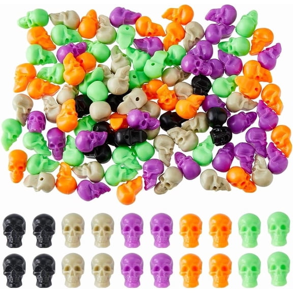 125Pcs 5 Colors Mini Plastic Heads Small Figurines Black Orange Green Purple Gray Skulls for Bar Home Table Decoration for DIY