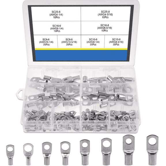 125Pcs Assorted Heavy Duty Wire Lugs Battery Cable Tinned Copper Eyelets Tubular SC Ring Terminals Connectors with Spy Hole Assortment Kit