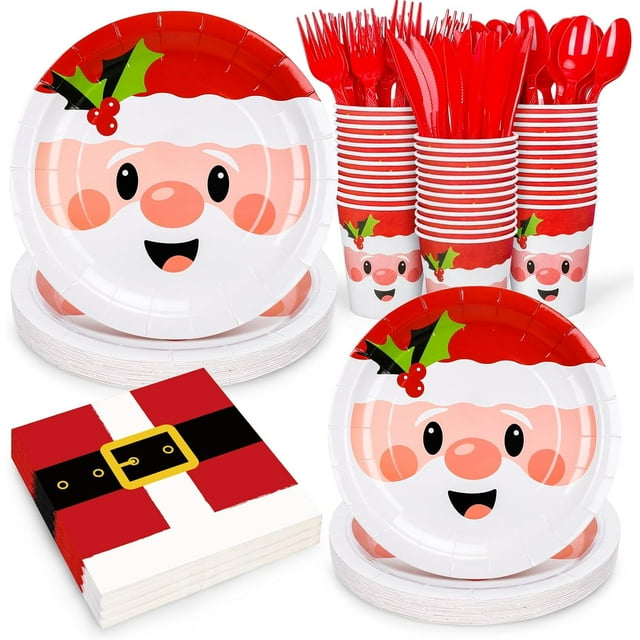 125Pcs Christmas Party Tableware Set 7 and 9 Inch Santa Claus Paper Plates 6.5 Inch Santa Belts