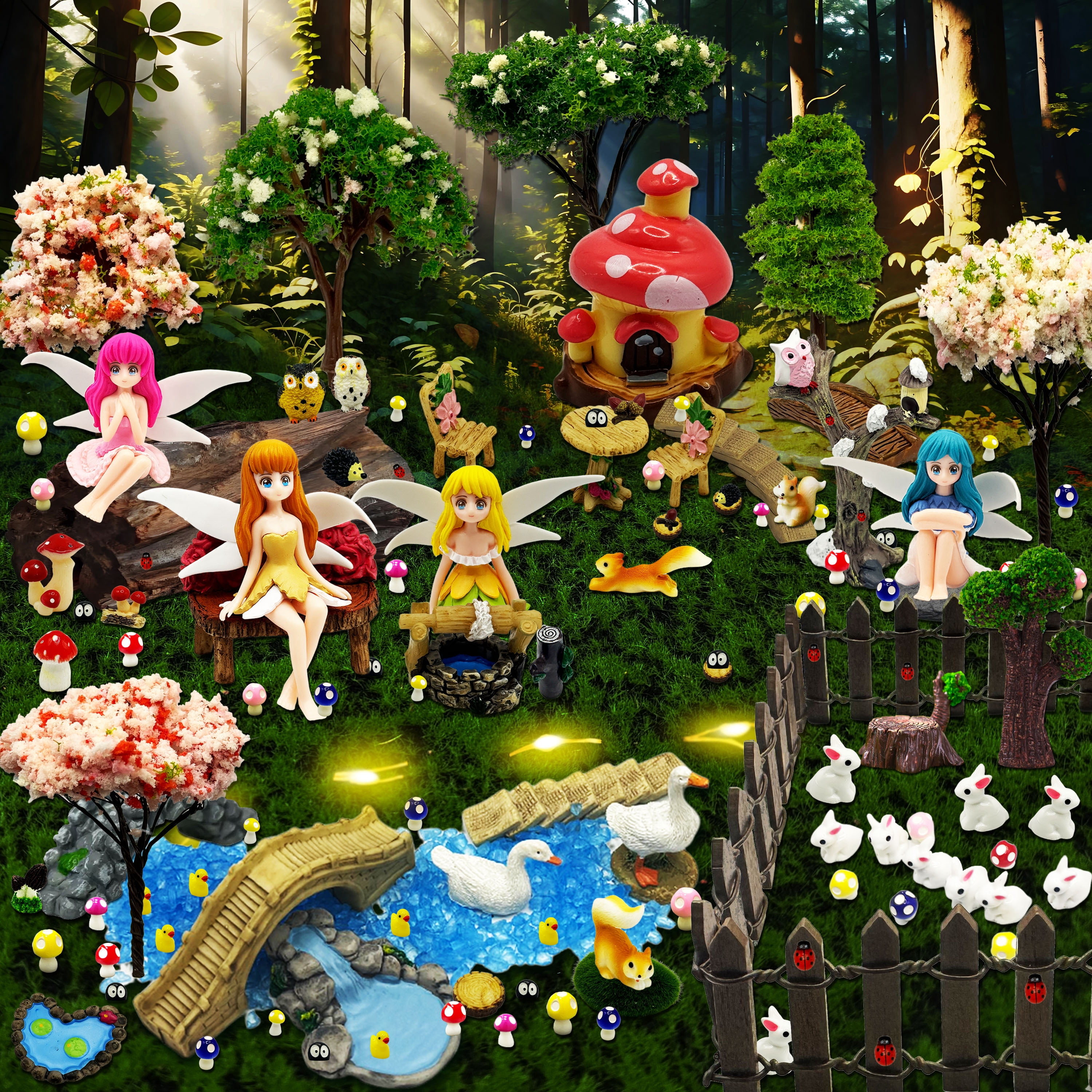 125Pcs Fairy Garden Accessories Kit, Miniature Fairy Figurines, Animals, Houses, Fences & Mushrooms – Outdoor Fairy Garden Decor for DIY Landscaping, Terrarium, Bonsai, Planter, Dollhouse Scenes