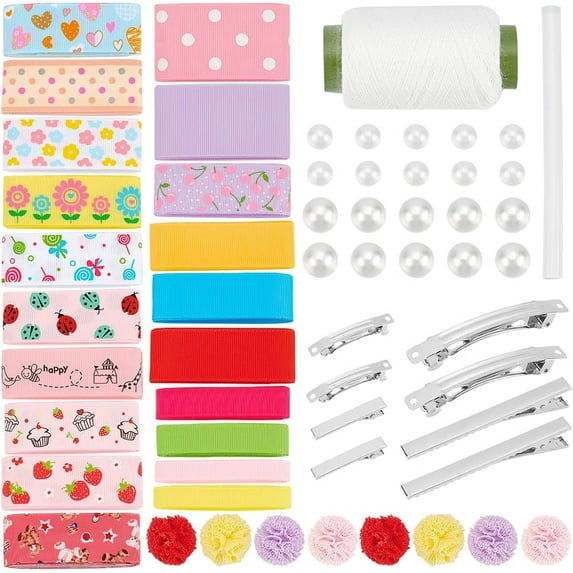 125Pcs Ribbon Hair Bows DIY Making Kit for Beginners Pearls Hair Bows Making Kit Colorful Ribbon Fabric Pre Cut with Clips for Women Handmade Gift DIY Hair Accessories Mixed Color