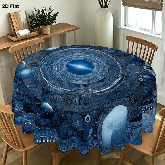 125cm 1PC Blue Galaxy Planet Space Pattern Modern Style Round Tablecloth, Designed for Various Occasions Like Christmas, Easter, And Patriotic Events, Perfect for Family Gatherings