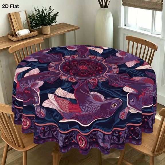 125cm 1PC Purple Koi Fish Mandala Art Decor Round Tablecloth, Designed for Various Occasions Like Christmas, Easter, And Patriotic Events, Perfect for Family Gatherings